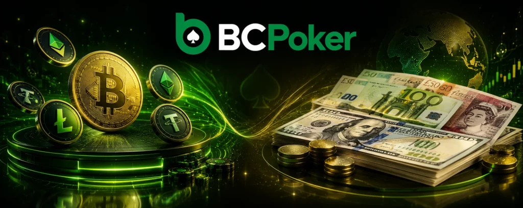 ΠΠ°Π½ΠΎΡΠ°ΠΌΠ½ΡΠΉ Π±Π°Π½Π½Π΅Ρ BC Poker Ρ ΠΊΡΠΈΠΏΡΠΎΠ²Π°Π»ΡΡΠ°ΠΌΠΈ ΠΈ ΡΠΈΠ°ΡΠ½ΡΠΌΠΈ Π΄Π΅Π½ΡΠ³Π°ΠΌΠΈ, ΠΏΠΎΠΊΠ΅ΡΠ½ΡΠΌΠΈ ΡΠ»Π΅ΠΌΠ΅Π½ΡΠ°ΠΌΠΈ ΠΈ Π½Π΅ΠΎΠ½ΠΎΠ²ΡΠΌ ΠΎΡΠΎΡΠΌΠ»Π΅Π½ΠΈΠ΅ΠΌ Π² Π·Π΅Π»ΡΠ½ΠΎΠΌ ΡΡΠΈΠ»Π΅