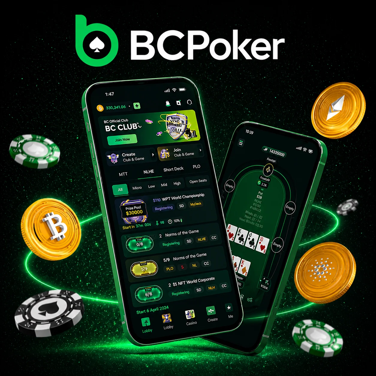 Баннер BC Poker с мобильным приложением, интерфейсом покерного лобби, криптомонетами и покерными фишками в неоновом зелёном стиле