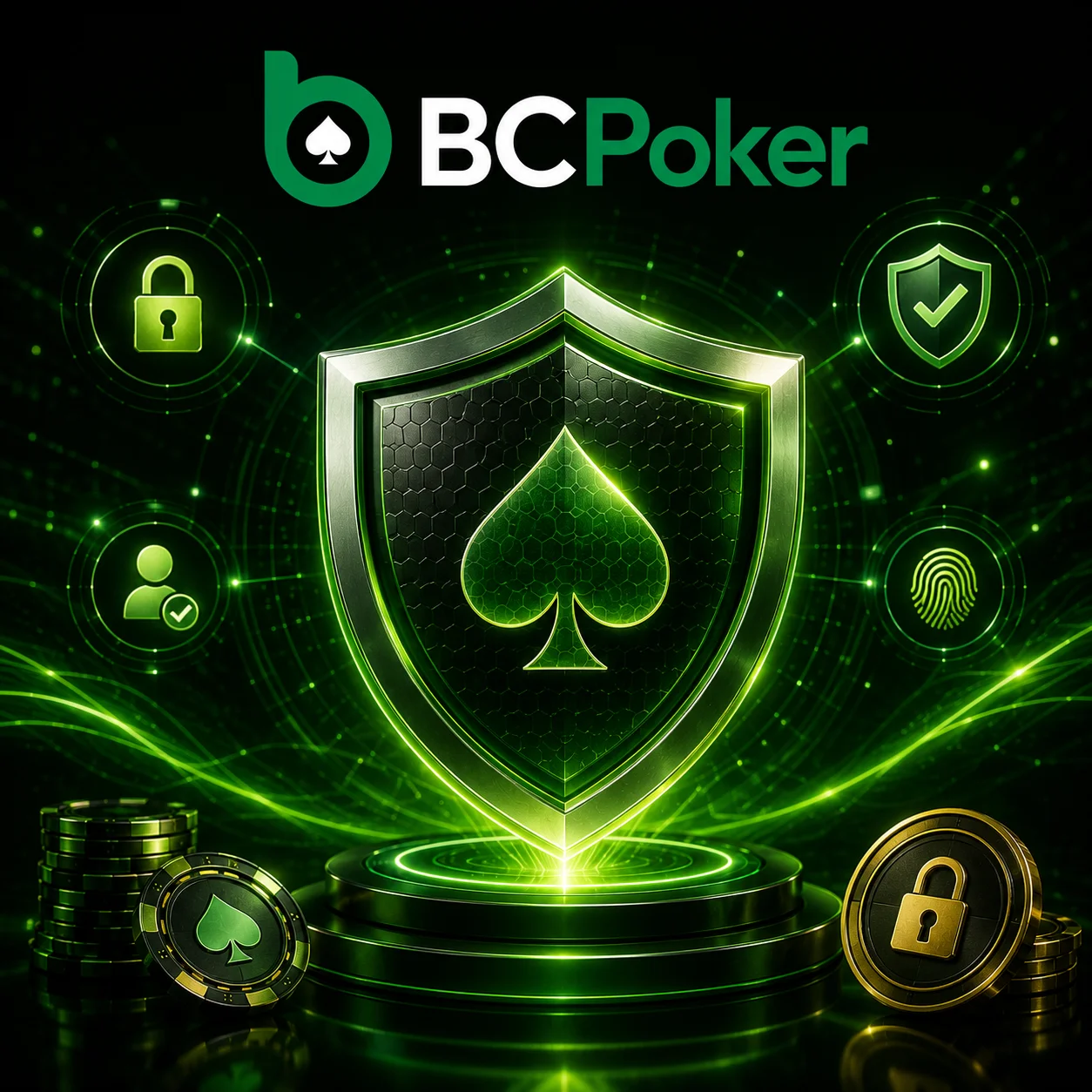Баннер BC Poker с защитным щитом, символами безопасности, покерными фишками и неоновым зелёным оформлением на тёмном фоне