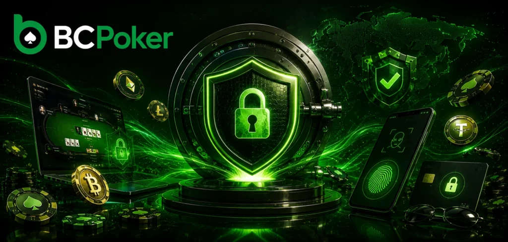 ΠΠ°Π½ΠΎΡΠ°ΠΌΠ½ΡΠΉ Π±Π°Π½Π½Π΅Ρ BC Poker Ρ Π²ΠΈΠ·ΡΠ°Π»ΡΠ½ΡΠΌΠΈ ΡΠΈΠ³Π½Π°Π»Π°ΠΌΠΈ Π±Π΅Π·ΠΎΠΏΠ°ΡΠ½ΠΎΡΡΠΈ, Π·Π°ΡΠΈΡΠ½ΡΠΌ ΡΠΈΡΠΎΠΌ, Π±Π΅Π·ΠΎΠΏΠ°ΡΠ½ΡΠΌ Π²Ρ
ΠΎΠ΄ΠΎΠΌ, ΡΡΡΡΠΎΠΉΡΡΠ²Π°ΠΌΠΈ ΠΈ Π½Π΅ΠΎΠ½ΠΎΠ²ΡΠΌΠΈ ΡΠ»Π΅ΠΌΠ΅Π½ΡΠ°ΠΌΠΈ Π·Π°ΡΠΈΡΡ Π°ΠΊΠΊΠ°ΡΠ½ΡΠ° Π² Π·Π΅Π»ΡΠ½ΠΎΠΌ ΡΡΠΈΠ»Π΅