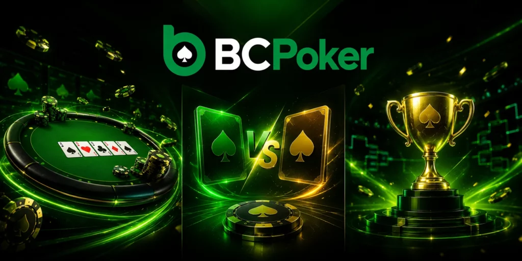 ΠΠ°Π½ΠΎΡΠ°ΠΌΠ½ΡΠΉ Π±Π°Π½Π½Π΅Ρ BC Poker Ρ ΠΏΠΎΠΊΠ΅ΡΠ½ΡΠΌΠΈ ΡΡΠΎΠ»Π°ΠΌΠΈ, ΠΌΠ°ΡΡΠ°ΠΌΠΈ ΠΎΠ΄ΠΈΠ½ Π½Π° ΠΎΠ΄ΠΈΠ½, ΡΡΡΠ½ΠΈΡΠ½ΡΠΌ ΠΊΡΠ±ΠΊΠΎΠΌ ΠΈ Π½Π΅ΠΎΠ½ΠΎΠ²ΡΠΌΠΈ ΠΈΠ³ΡΠΎΠ²ΡΠΌΠΈ ΡΠ»Π΅ΠΌΠ΅Π½ΡΠ°ΠΌΠΈ Π² Π·Π΅Π»ΡΠ½ΠΎΠΌ ΡΡΠΈΠ»Π΅