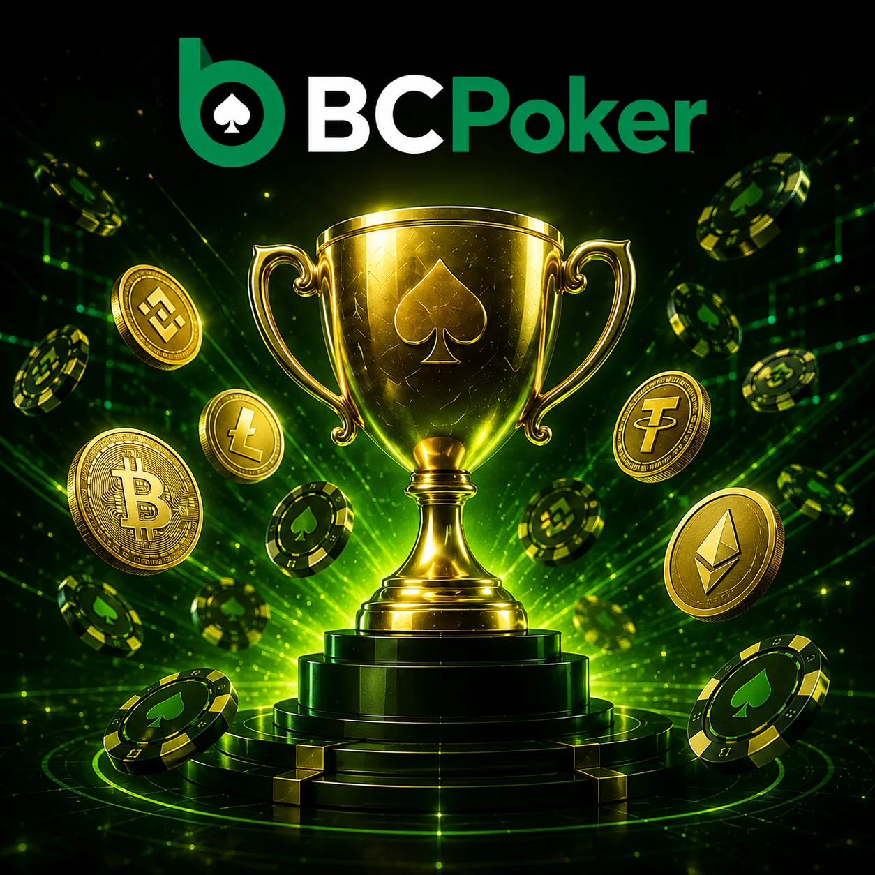 Баннер BC Poker с золотым кубком, покерными фишками, криптомонетами и неоновым зелёным оформлением в стиле покерного турнира